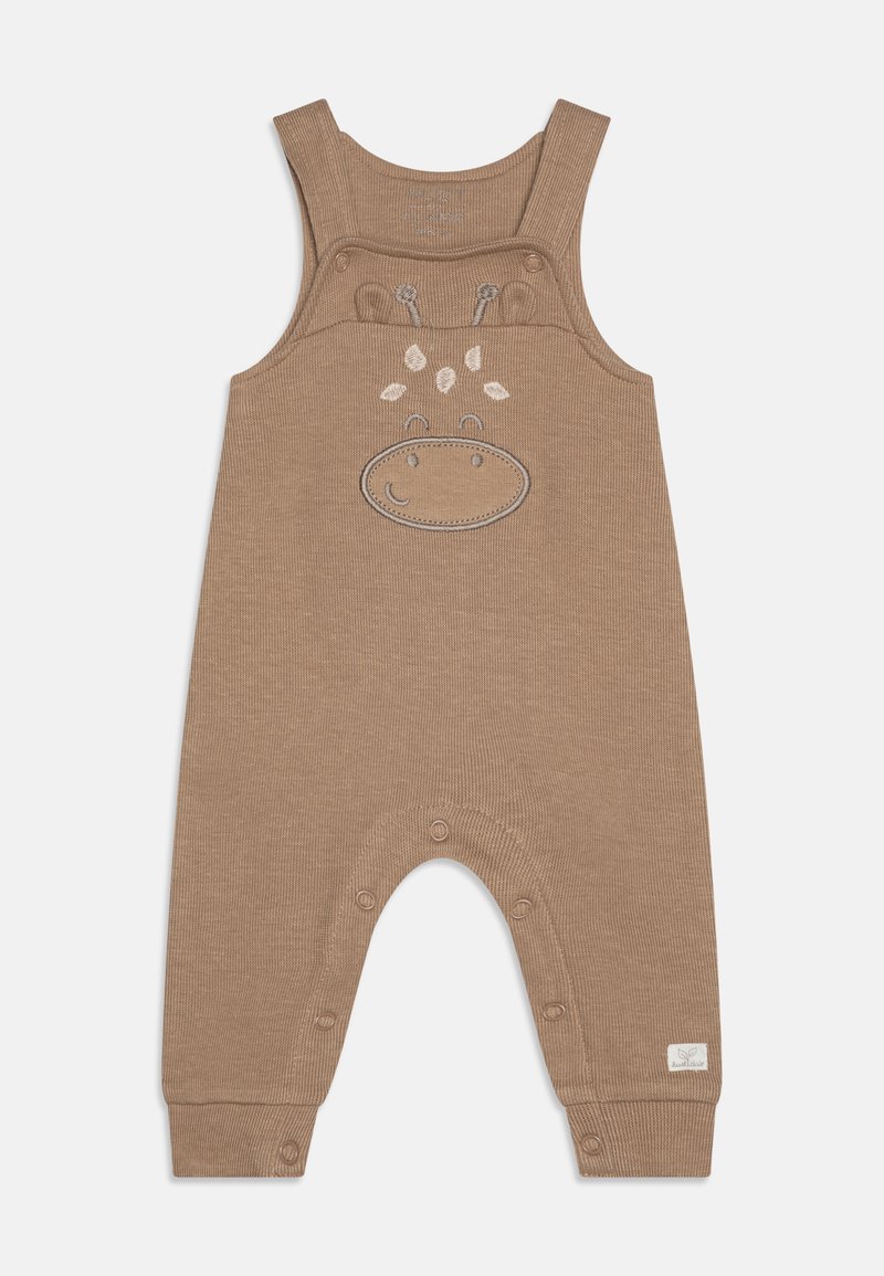 Brown ribbed overall with shoulder straps, featuring a grey embroidered face and leaf design. Snap closures at the bottom and leg cuffs.