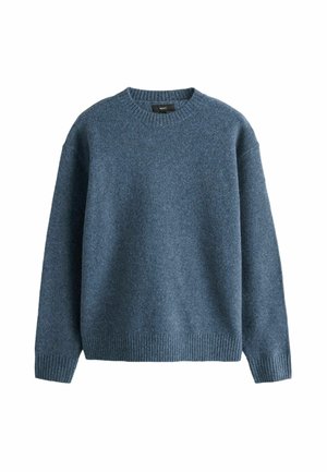 Blue knitted sweater featuring a round neck, ribbed cuffs, and hem. Soft texture with a loose fit and minimal seams.