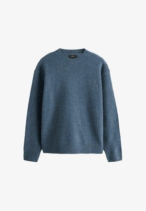 Maglione blu lavorato a maglia con scollatura rotonda, polsini e orlo a coste. Tessuto morbido con una vestibilità ampia e cuciture minime.