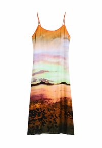 Abito sottoveste in satin con spalline regolabili, caratterizzato da una fantasia a gradiente del tramonto in tonalità arancione, rosa, verde e marrone.