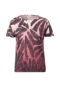 Kortärmad t-shirt i ljus kräm, med ett mönster av rosa och mörkgrå blad; mjuk textur med rund hals och avslappnad passform.