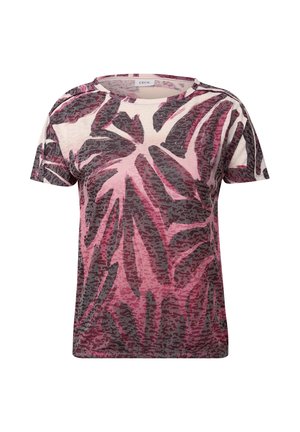 Lyhythihainen t-paita vaaleassa kermassa, jossa on vaaleanpunainen ja tummanharmaa lehtikuosi; pehmeä rakenne, pyöreä pääntie ja rento istuvuus.