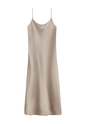 Satin spännklänning i ljusbeige med tunna spaghettiremmar, en avslappnad silhuett och slät textur. Enkelt design utan mönster eller utsmyckningar.