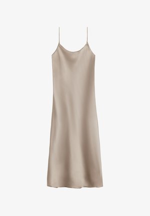 Satin spännklänning i ljusbeige med tunna spaghettiremmar, en avslappnad silhuett och slät textur. Enkelt design utan mönster eller utsmyckningar.