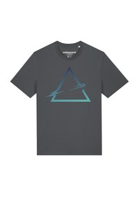 Donkergrijze T-shirt met korte mouwen van zacht fabric, met een gradient driehoek grafiek in blauwe en turquoise tinten. Ronde halslijn, relaxte pasvorm.