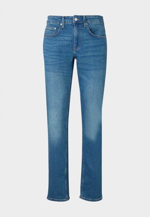 Blå lige ben denim jeans med forlommer, bæltestropper, knap og lynlås-lukning, vist mod en ensfarvet baggrund.