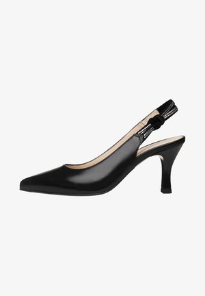 Czarny skórzany obcas typu slingback z zaostrzonym noskiem, średniej wysokości szpilką i elastycznym paskiem ozdobionym cyrkoniami z tyłu.