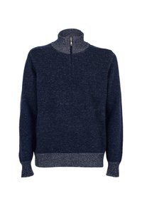 Maglione navy con collo alto a mezza zip, texture a maglia, polsini e orlo a coste più chiari, realizzato in filato spesso.