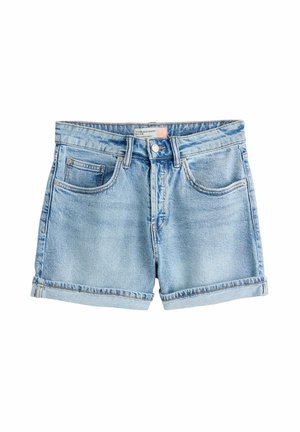 Hellblaue Jeansshorts mit umgeschlagenen Säumen, vorderem Knopf- und Reißverschluss sowie fünf Taschen, beschriftet mit "Timeless Short".