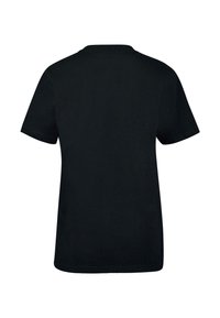 Sort kortærmet bomulds t-shirt med rund halsudskæring, der har en glat, ensartet tekstur og en lige søm i livet.
