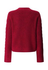 Raudonas megztinis iš mezgimo siūlų, su apvalia iškirpte ir ilgomis rankovėmis. Turi faktūruotą paviršių ir ribą apačioje. Rankovėse yra pynės raštas.