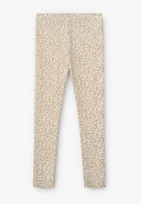 Beige leggings featuring a leopard print pattern in brown tones. Soft fabric with a smooth texture, designed for a snug fit.