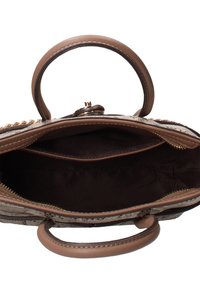 Borsa strutturata marrone con chiusura a cerniera. Dotata di doppi manici rotondi e una morbida fodera interna. Arricchita da un delicato motivo testurizzato.