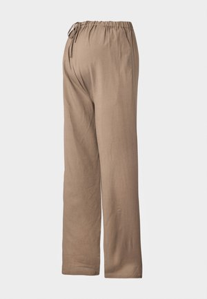 Pantalones sueltos color marrón claro con cintura elástica y cordón ajustable, hechos de un tejido suave, con un diseño de pierna recta.