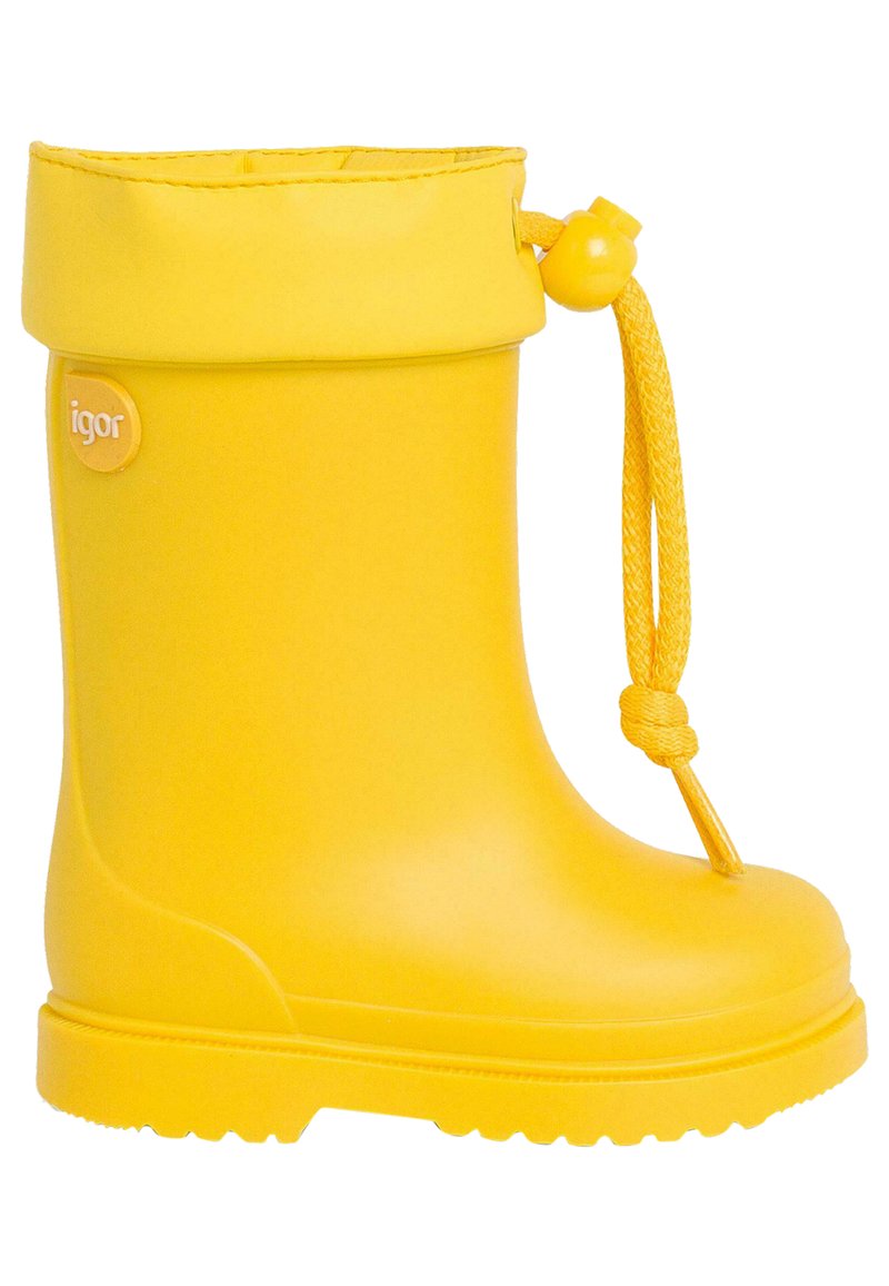 Botte de pluie en caoutchouc jaune avec un bout arrondi, un revers amovible et un cordon de serrage ajustable. Dispose d'une semelle texturée pour une meilleure adhérence.