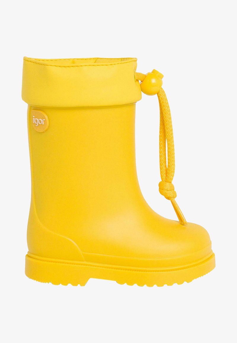 Botte de pluie en caoutchouc jaune avec un bout arrondi, un revers amovible et un cordon de serrage ajustable. Dispose d'une semelle texturée pour une meilleure adhérence.