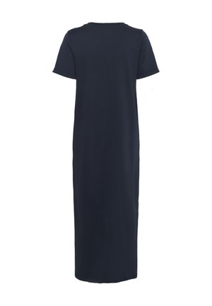 Rochie bleu marin, până la genunchi, confecționată din bumbac moale, având mâneci scurte și un decolteu rotund, cu o croială dreaptă și lejeră.