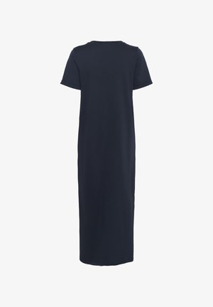 Granatowa, do kolan sukienka z miękkiej bawełny, z krótkimi rękawami i okrągłym dekoltem, o luźnym prostym kroju.