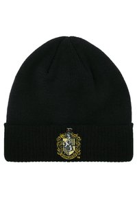 Schwarze Strickmütze mit geripptem Saum und gesticktem gelb-weißen Wappen-Design mit einem Löwenmotiv, das ein Haus repräsentiert.