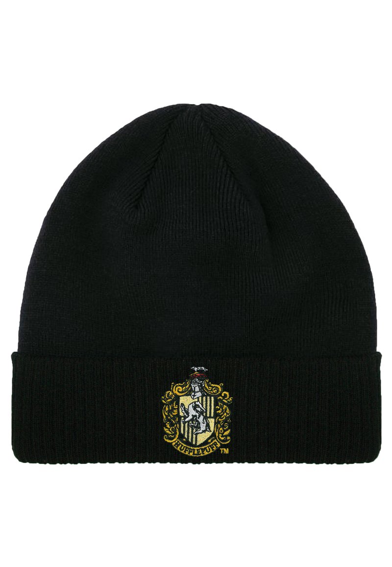 Schwarze Strickmütze mit geripptem Saum und gesticktem gelb-weißen Wappen-Design mit einem Löwenmotiv, das ein Haus repräsentiert.