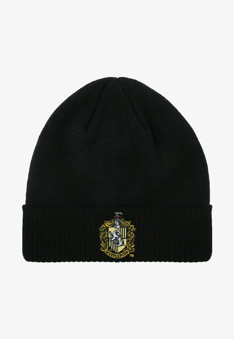 Schwarze Strickmütze mit geripptem Saum und gesticktem gelb-weißen Wappen-Design mit einem Löwenmotiv, das ein Haus repräsentiert.