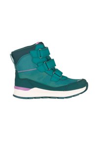 Zapatilla alta en tonos verde azulado y púrpura con tres correas de velcro ajustables y una suela blanca gruesa, diseñada para actividades al aire libre.