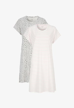 Set med bomullsnattlinnen, ett med svartvitt leopardmönster och ett annat med rosa och vita ränder; avslappnad passform, korta ärmar.
