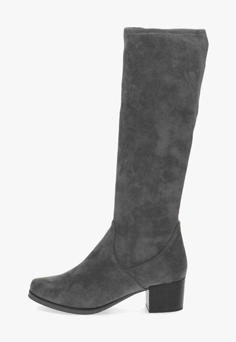Grauer Wildleder-Stiefel bis zum Knie mit Blockabsatz, glatter Textur, zulaufender Spitze und geschwungenen Nahtdetails am oberen Schaft.
