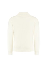Off-white Langarm-Rippstrickpullover mit hohem Kragen, von hinten vor einem weißen Hintergrund gezeigt.