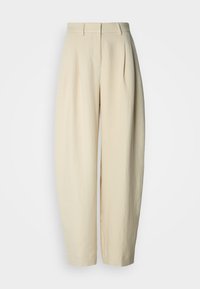 Μπεζ πτυχώσεις παντελόνια με ψηλή μέση, φαρδιά πόδια και λεία υφή. Σχεδιασμένα με μπροστινές τσέπες και εφαρμογή που αγκαλιάζει το σώμα.