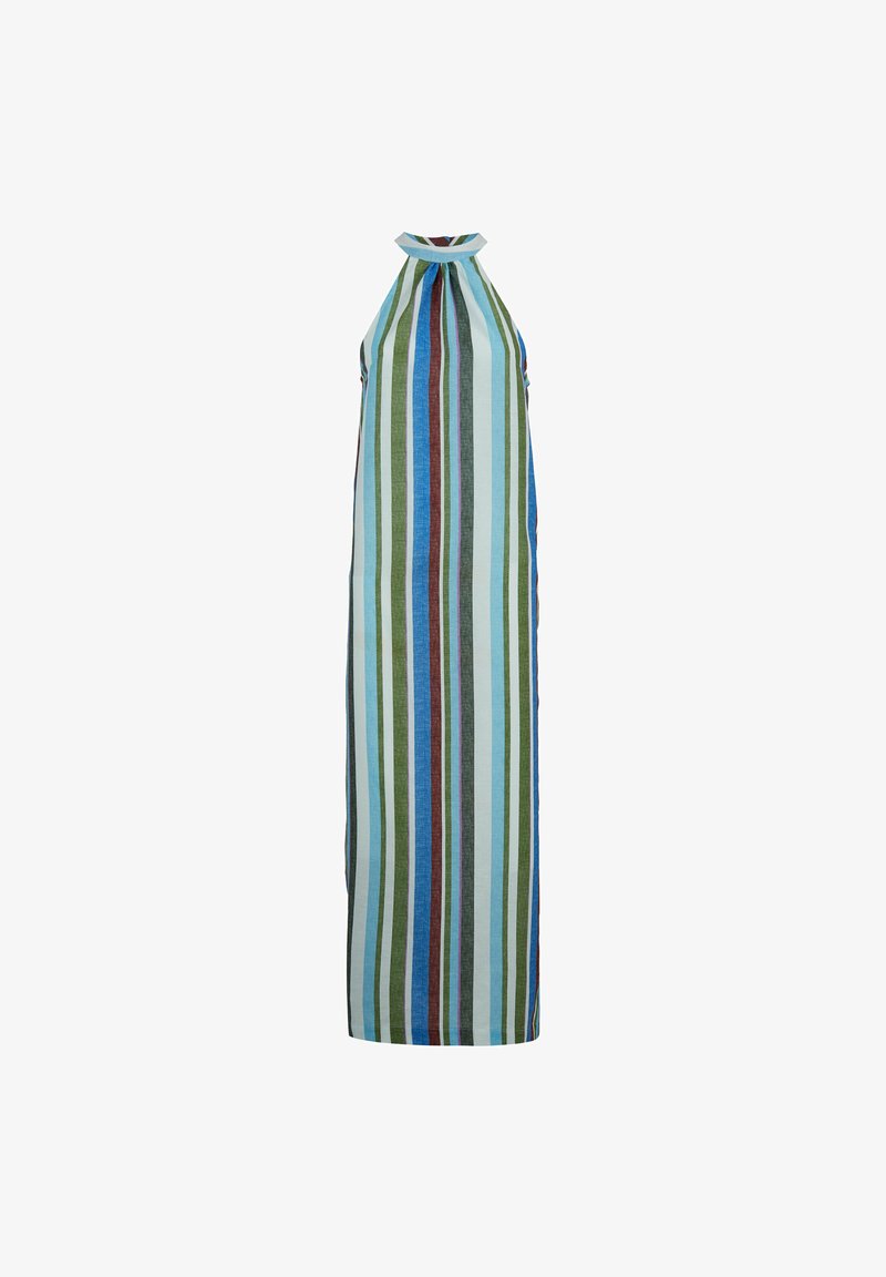 Gestreiftes Maxikleid in hellblauen, grünen und braunen Farbtönen. Mit einem Neckholder und einem lockeren, fließenden Design, aus leichtem Stoff gefertigt.