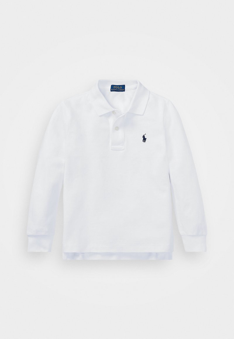 Camisa polo blanca de manga larga hecha de algodón, con un collar clásico, botonera de dos botones y logotipo bordado en el lado izquierdo del pecho.