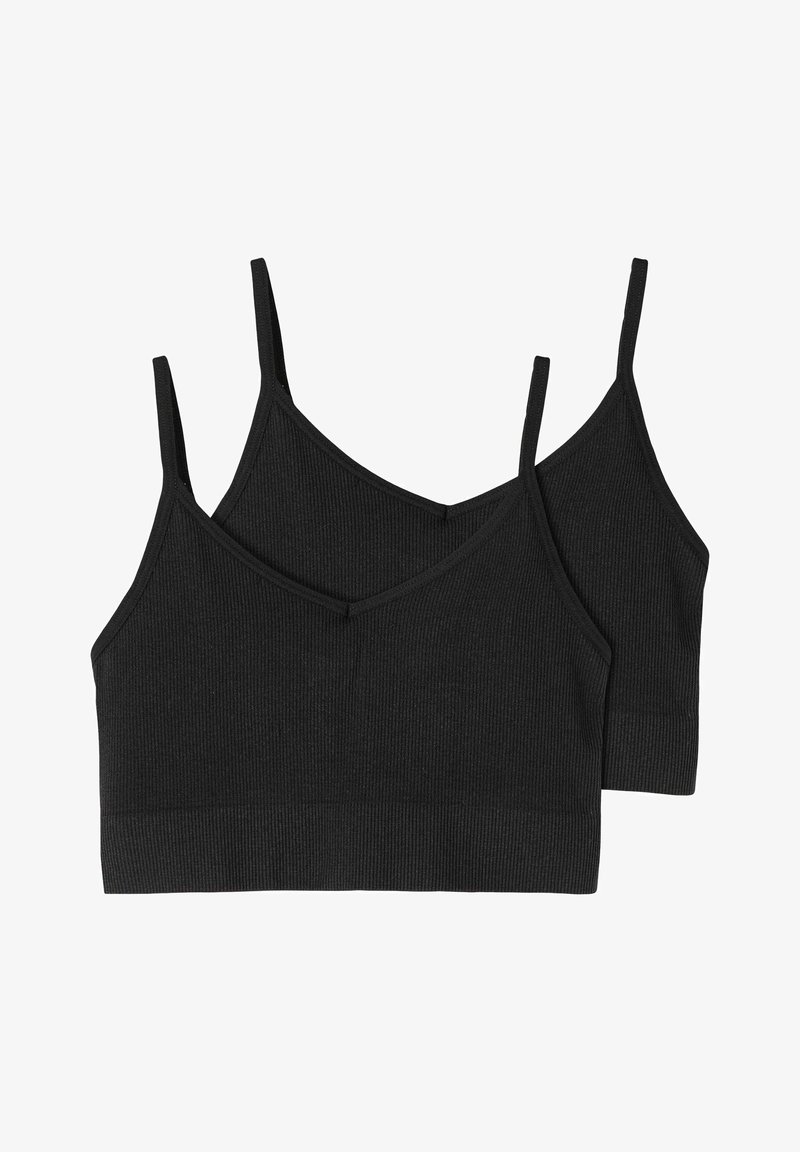 Braletes de canalé negros con tirantes ajustables, que presentan un diseño de escote en V y bordes sin costuras para mayor comodidad. Material suave de mezcla de algodón.