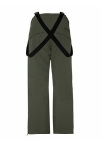 Groene outdoorbroeken met een hoge taille, verstelbare zwarte bretels en zijzakken. Gladde textuur met een recht model en ritssluitingen aan de uiteinden.