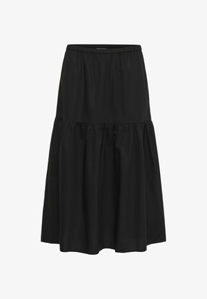 MustHave, põlvikõrgune must seelik elastse vöökohtaga, millel on kihiline disain ja sile tekstuur, valmistatud kergest kangast.