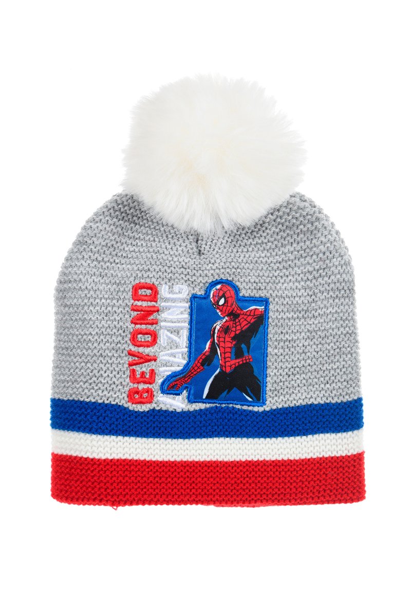 Knitted gray beanie with red, white, blue stripes, white pom-pom, and Spiderman patch with text "Beyond Amazing" on front.