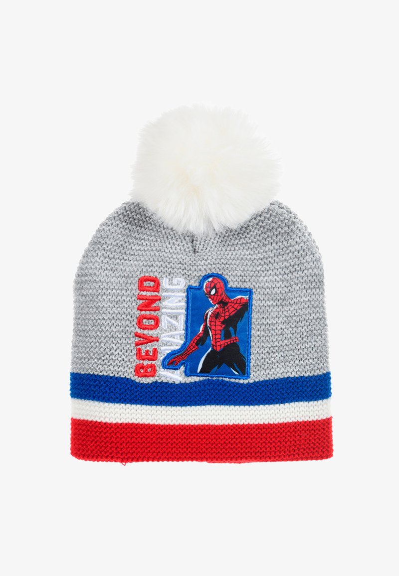Bonnet en tricot gris avec des rayures rouges, blanches et bleues, un pompon blanc et un patch Spiderman avec le texte "Au-delà de l'incroyable" sur le devant.