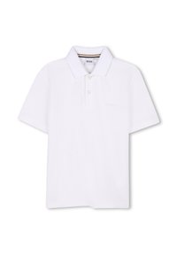 Polo bianco realizzato in cotone testurizzato, con colletto, apertura a due bottoni e logo discreto sul petto. Maniche corte.