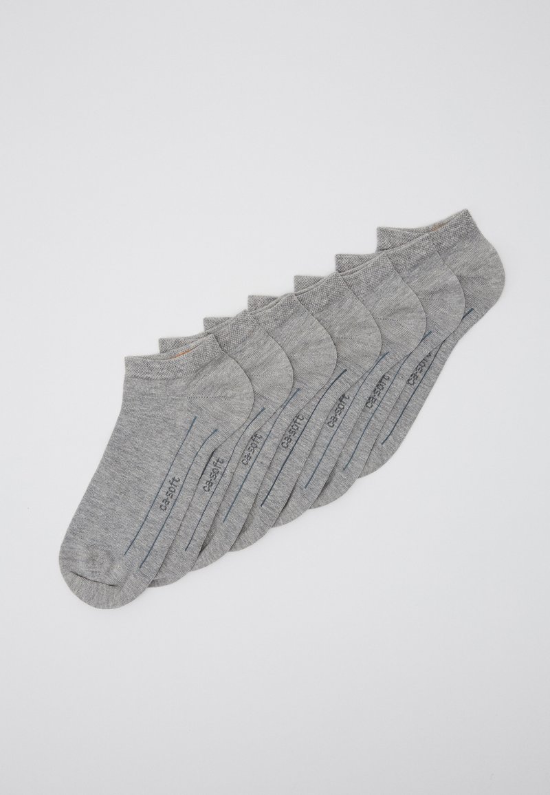 Pack of six gray ankle socks made of cotton blend, featuring a smooth texture and blue printed logo and lines on the side.