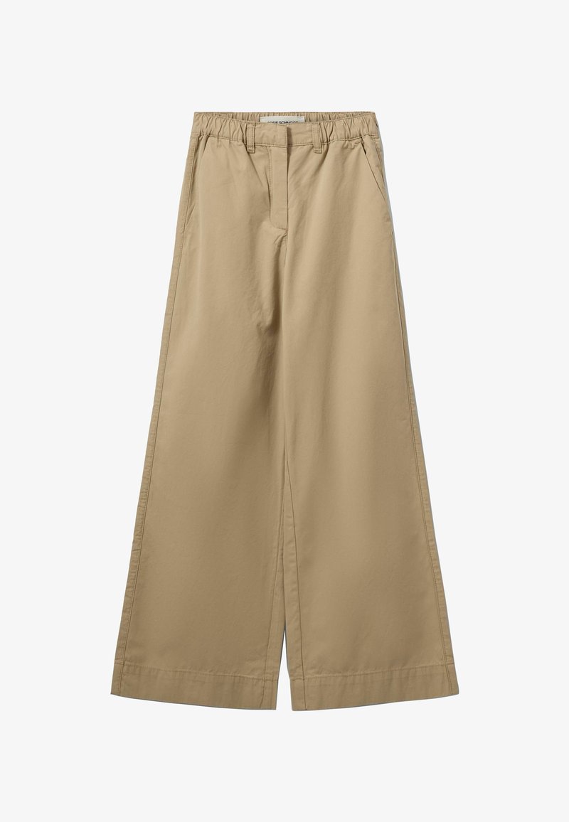 Beige, weit geschnittene Hose mit elastischem Bund, seitlichen Taschen und einem glatten, leichten Baumwollmaterial.