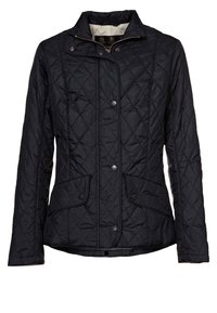 Veste matelassée noire avec col montant, boutons-pression devant, fermeture éclair et deux poches à rabat à la taille.