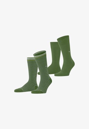 Grünes Socken-Set; umfasst zwei einfarbige Paare und ein gestreiftes Paar mit weißen Akzenten. Das Material scheint weich zu sein, mit einer glatten Textur.