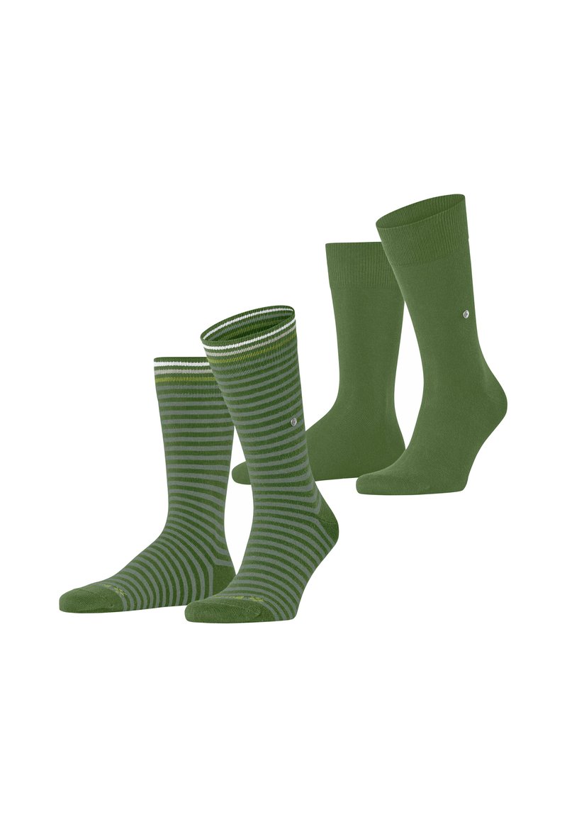 Grünes Socken-Set; umfasst zwei einfarbige Paare und ein gestreiftes Paar mit weißen Akzenten. Das Material scheint weich zu sein, mit einer glatten Textur.