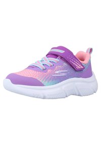 Scarpa sportiva viola con tomaia in rete, dotata di un accento rosa, suola bianca e cinturino in Velcro. Include lacci azzurri e dettagli testurizzati.