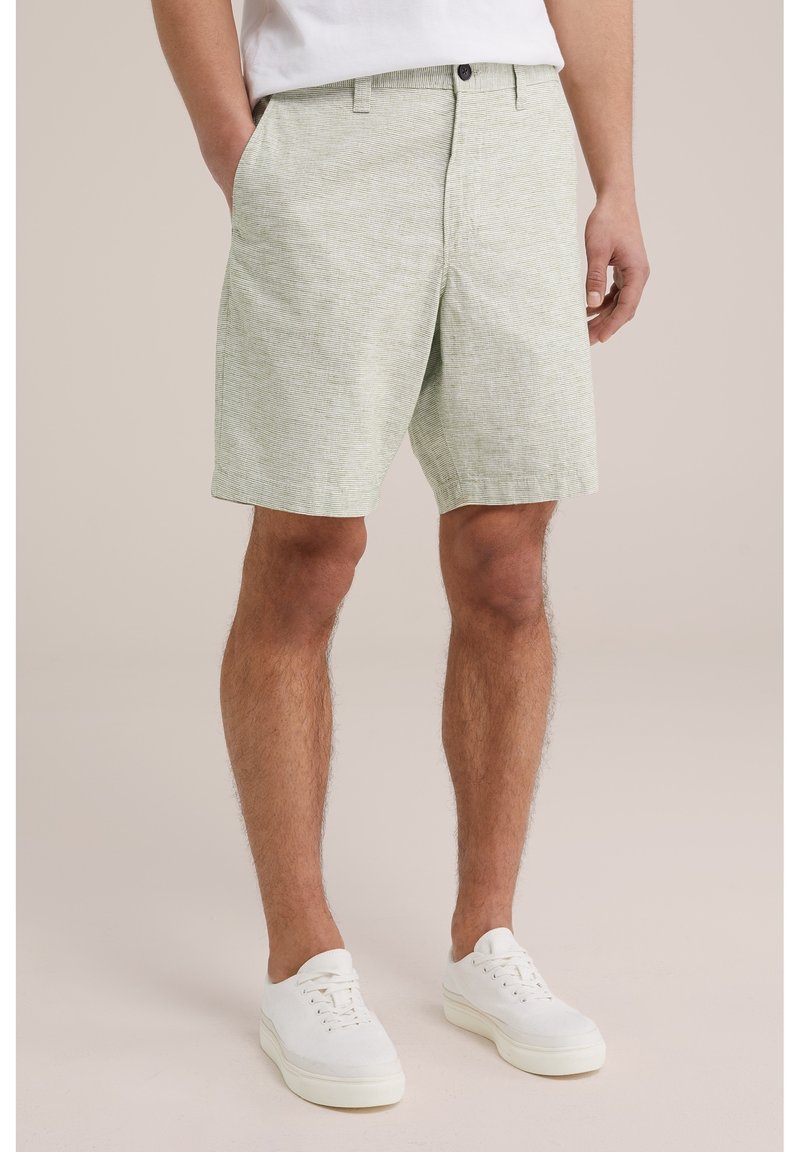 Light green, textured shorts with a subtle striped pattern, featuring a button and zipper closure, side pockets, and a relaxed fit.