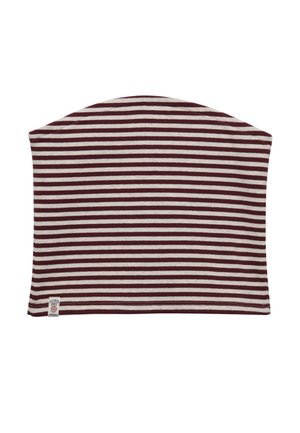 Portvinrød og hvid halsedisse med vandrette striber, buet øverste kant og en lille stofetiket i nederste venstre hjørne.