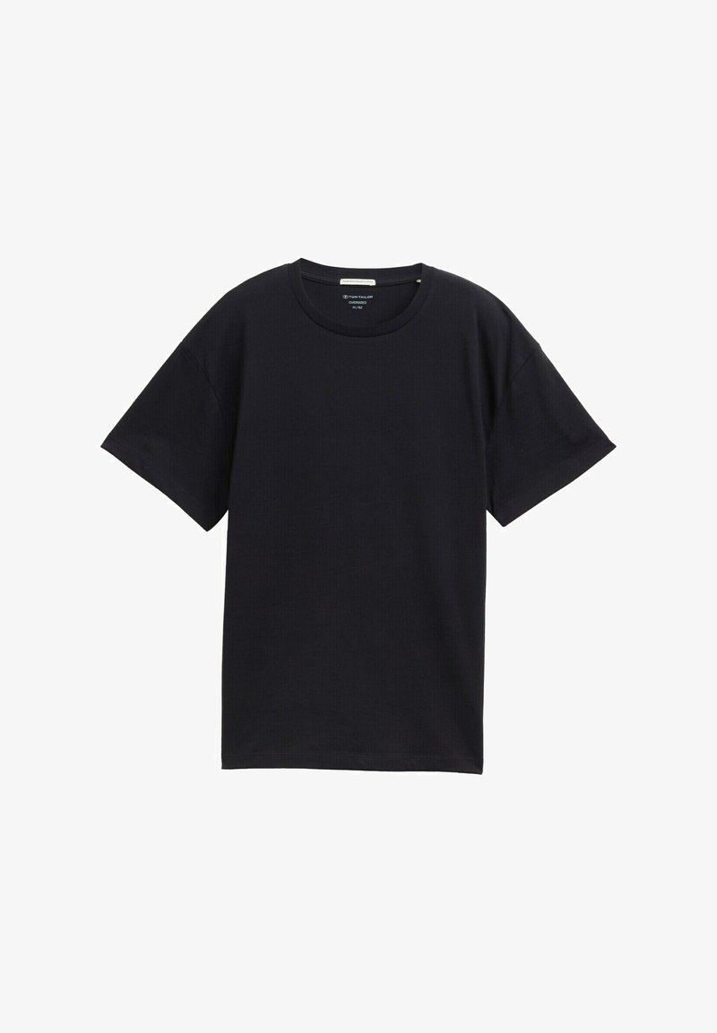 Czarna koszulka z krótkim rękawem, wykonana z gładkiej bawełny, z okrągłym dekoltem i luźnym krojem. Brak widocznych wzorów lub akcentów.