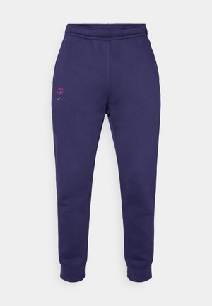 Violetiniai medvilniniai sportiniai kelnių su elastingu juosmeniu, siaurėjančios kojų formos ir rožiniu siuvinėjimo logotipu priekinėje kairėje ir gale.