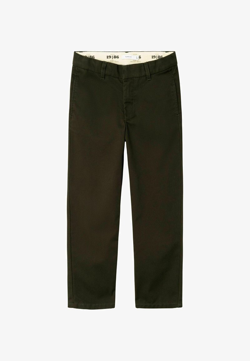 Mörkgröna raka byxor med en jämn textur, som har en knapp- och dragkedjestängning, bälteshällor och subtila sömdetaljer.