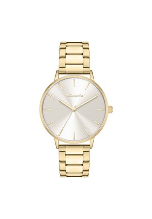 Montre analogique dorée avec un cadran argenté rond, des index minimalistes et un bracelet en maillons. Présente une couronne et une finition polie.